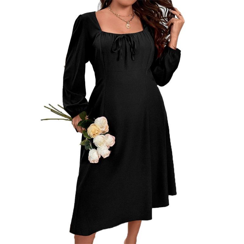 

Повседневные платья с длинным рукавом Сплошное платье Женское черное платье с завязками с квадратным вырезом Свободное платье с высокой талией Платье больших размеров Пригородные платья 3XL чёрный