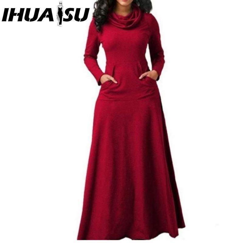 

IHUASU Autumn and Winter Solid Color Patchwork Pocket Neck Long Swing Dress S белый