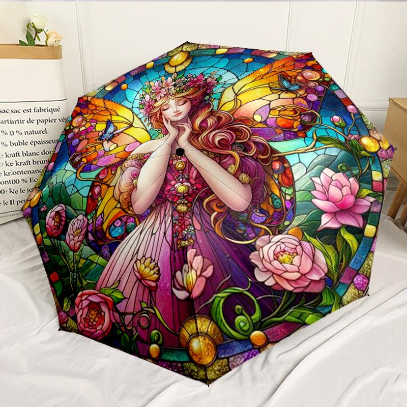 Stained Glass Fairy 8-Frame for Travel, Camping, Casual Lightweight Portable Umbrella, Essential for Every Family Holidays Birthday Gift