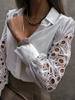 Turn-down Collarl Lace Splicing Long Sleeve Shirts Women Button T Shirt Female Solid Color Blouses Casual Top