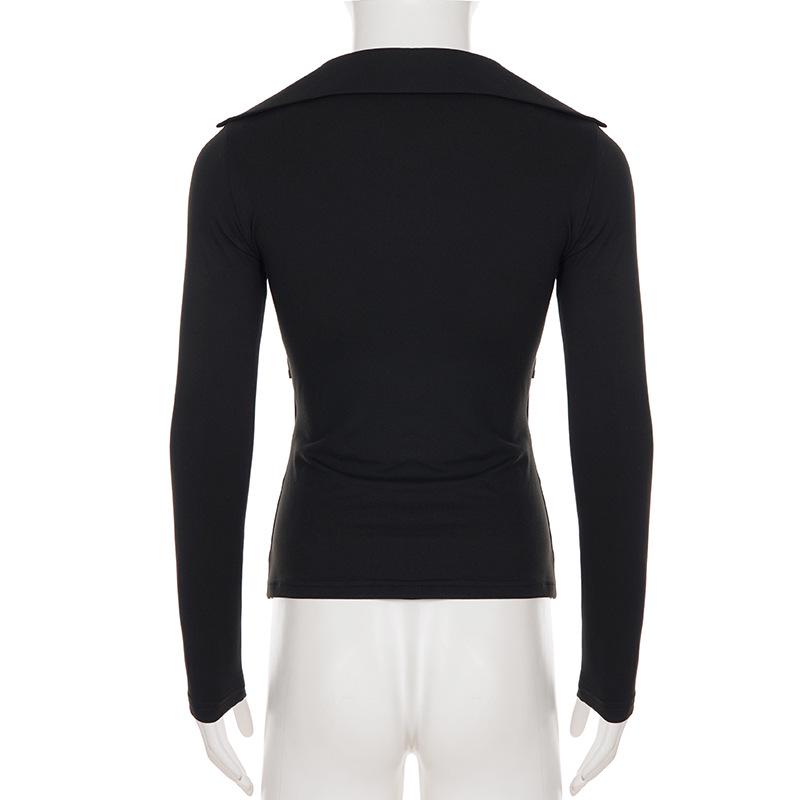 European-American Street Style Metal Buckle Solid Long Sleeve Slimming T-shirt