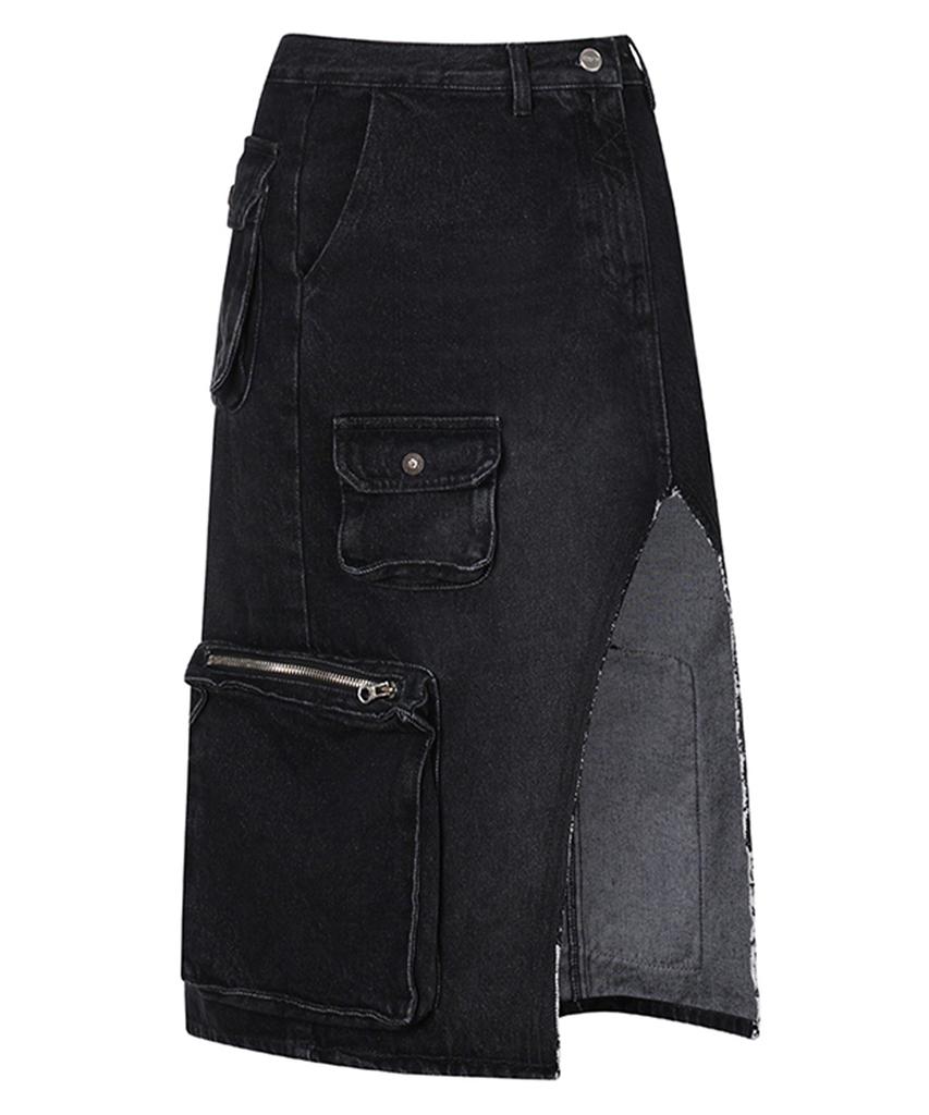Ulkin [Runway] Artificial Cargo Midi Skirt_Charcoal