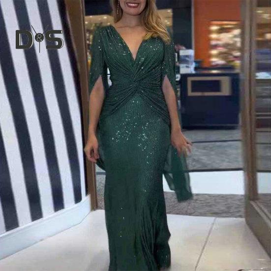 Kvinner aftenkjole Delte ermer Dyp V-hals Skinnende paljett Slim Fit Tight midjeknute Plissert Full lengde Ensfarget Lady Ball Bankett Maxikjole