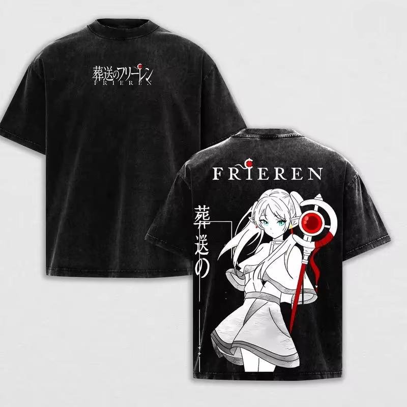 Gothic Washed Frieren Beyond Journey's End Printed T‑Shirt Anime Manga Retro Graphic Oversized Short Sleeve Casual Streetwear Cotton Tee For Men Women