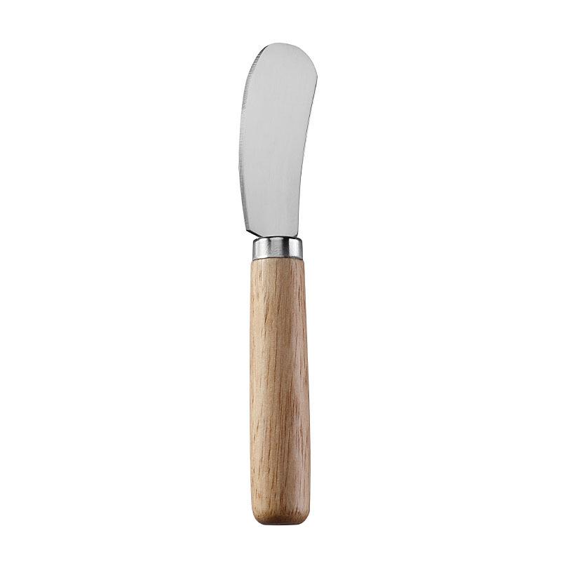 Stainless Steel Cheese Tools Set with Rubber Wood Handle, Including Cheese Knife, Slicer, Butter Knife, and Fork.