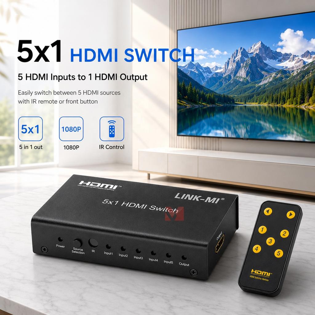 5-Port HDMI Switch Box with IR Remote Control for 1080P TV, Monitor, and Projector