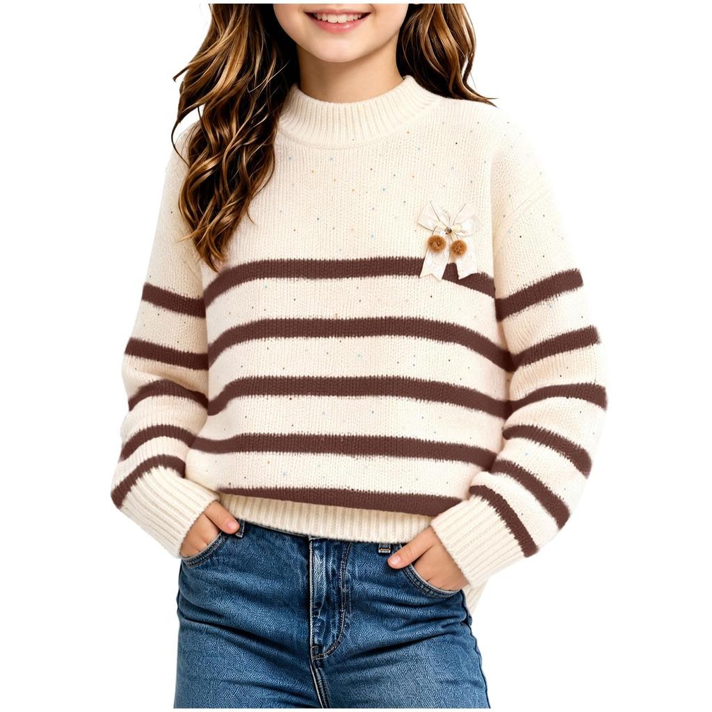 Kids Striped Knit Sweater Round Neck Pullover Top for Casual Everyday Wear