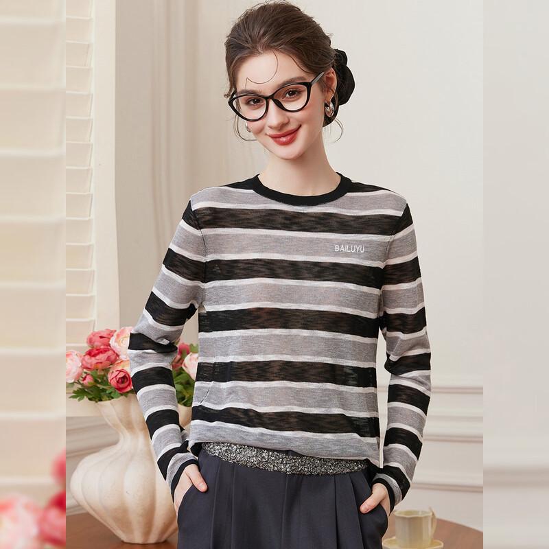 Bailuyu Women s Spring Casual Embroidered Striped Knit Sweater XL