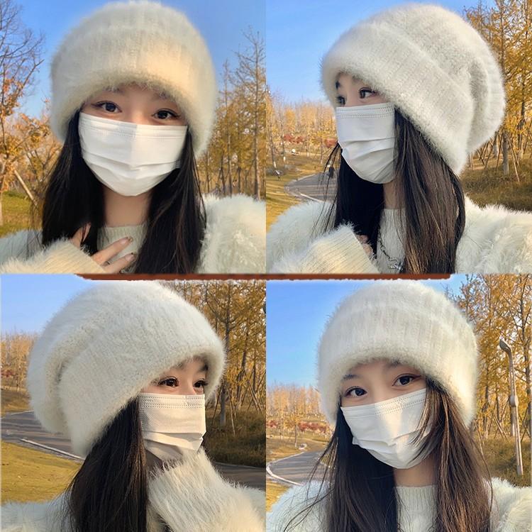 Rabbit Fur Hat Women's Winter Warm Wool Hat Big Head Circumference White Plush Knitted Hat Autumn and Winter Ear Protection Cold Hat