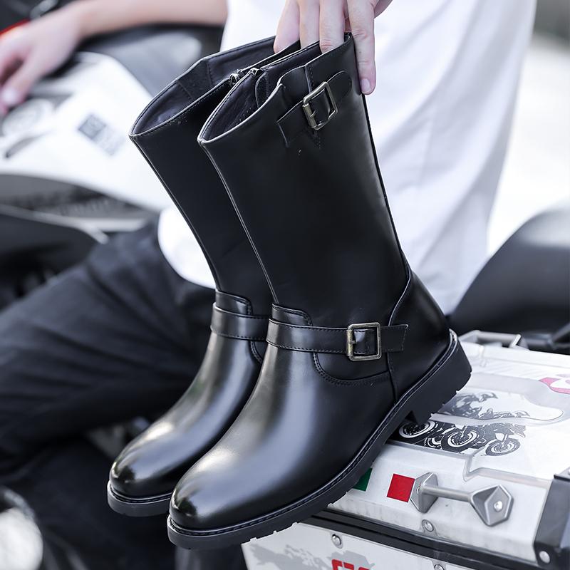 Botas de moto para hombre, botas vaqueras, botas de jockey negras, botas altas informales, talla grande