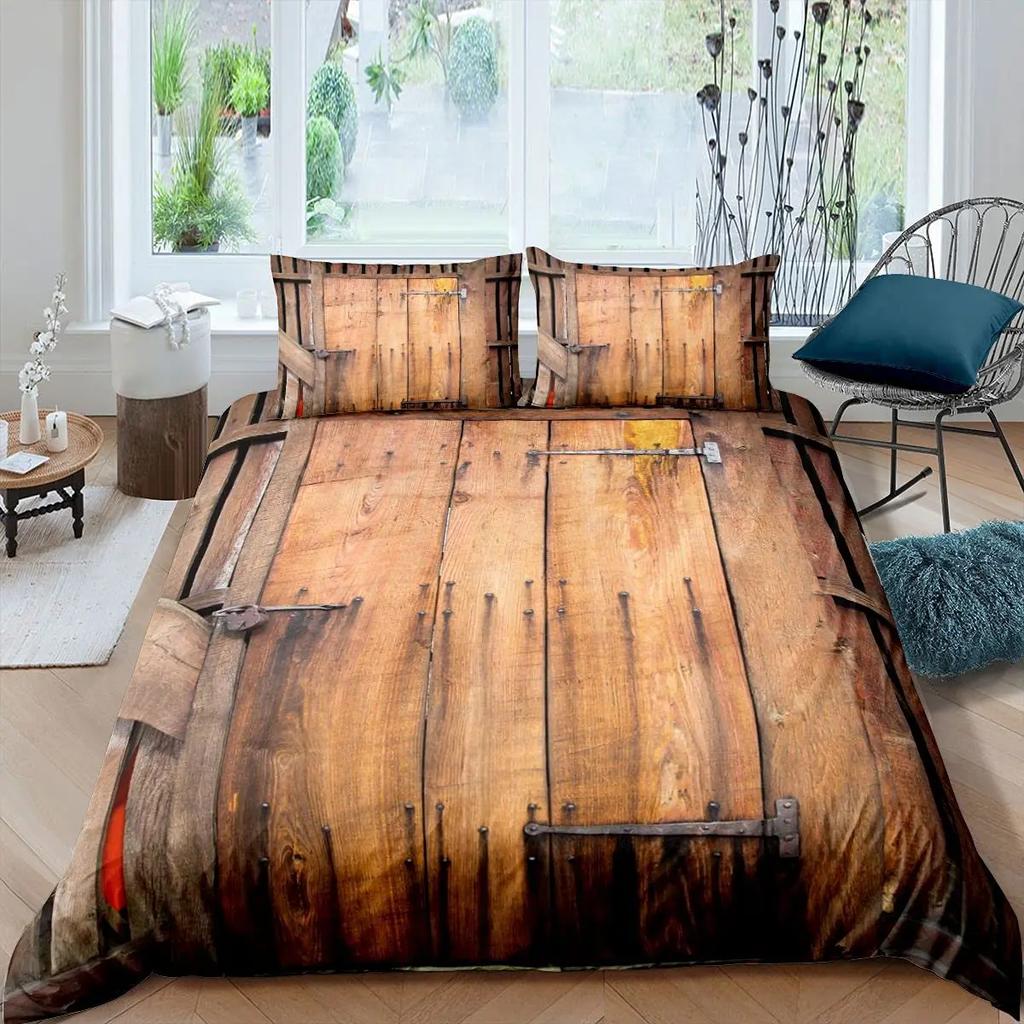 Rustic Wooden Barn Duvet Cover Set Wood Rustic Bedding Set Full King SizeFarm Farmhouse Comforter CoverPlank Wall Quilt Cover