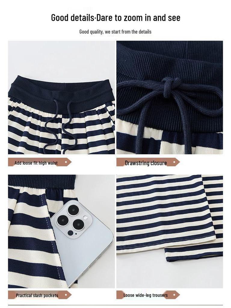 2026 Summer Women's Striped Floor-Length High Waist Loose Wide-Leg Pants