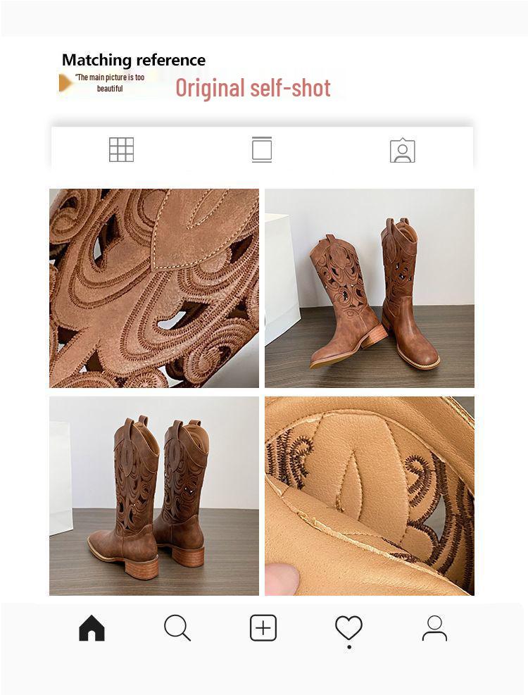 Botas Western Cowboy Bordadas de Couro Macio Femininas - Marrom Retrô Cano Médio Estilo Deserto de Verão (2025)