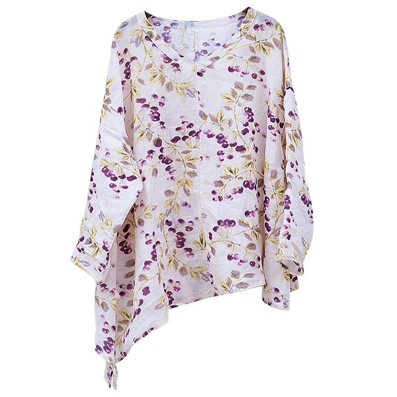 

Johnature с принтом и v-образным вырезом, винтажная льняная свободная футболка с длинными рукавами, осенняя женская футболка с нерегулярным подолом в китайском стиле One Size светло-фиолетовый