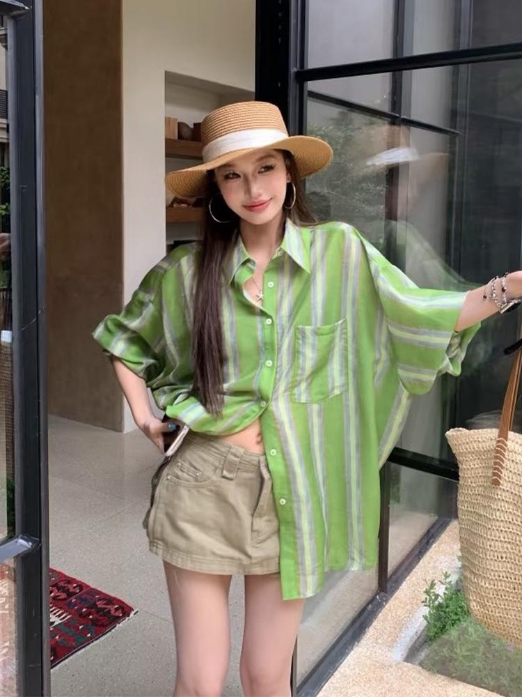 Tencel Linen Green Stripe Loose Fit Long Sleeve Shirt – Early Spring Casual Sun Protection Top Small зелёный