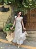 Lotus leaf edge floral chiffon slightly fat mm coffee break French feeling sweet floral dress women's seaside vacation style