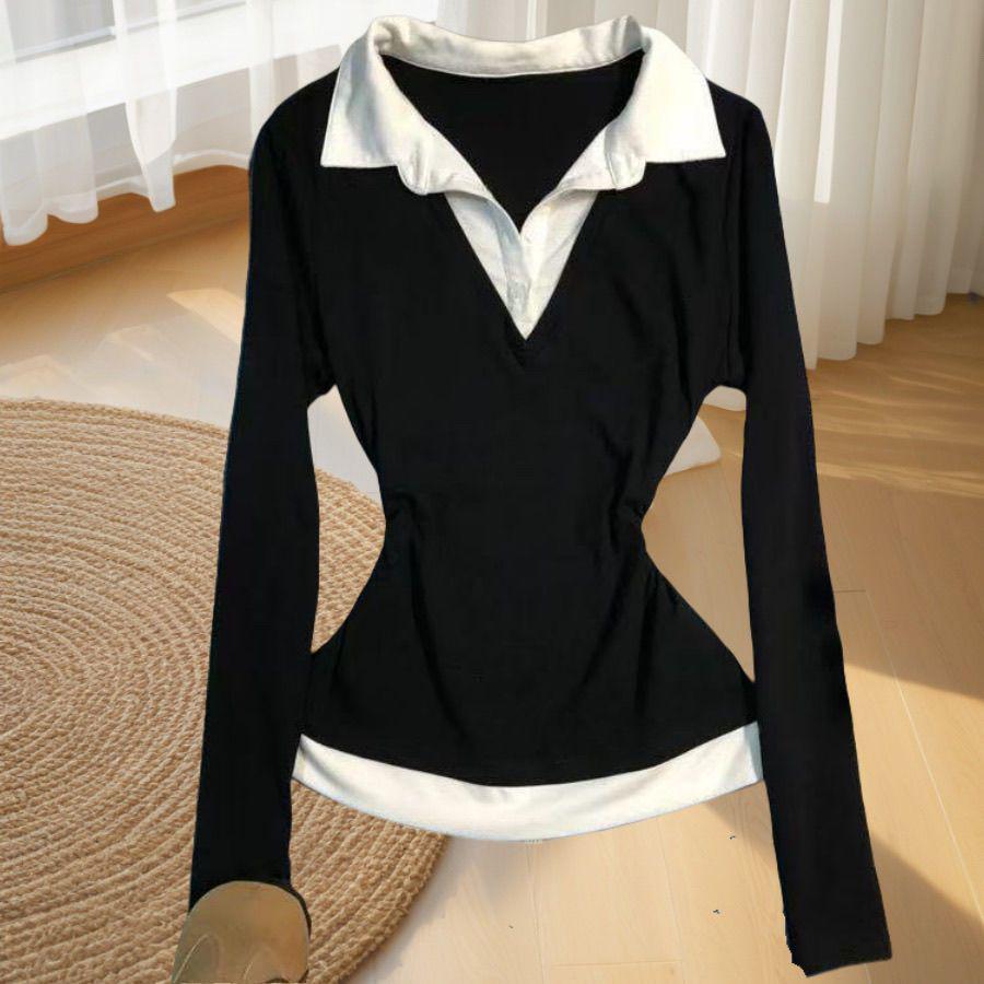 

Американский ретро топ с V-образным вырезом, многослойный, с длинным рукавом, стройнящий - Модная весенне-осенняя мода S