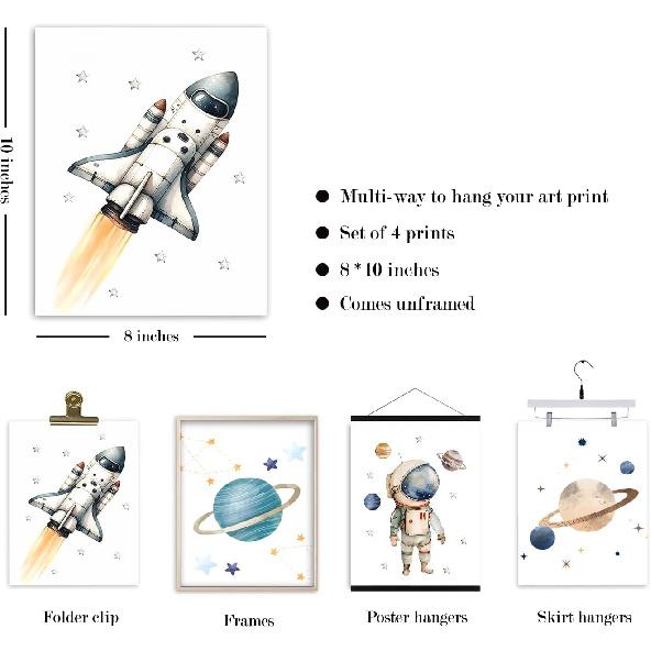 VIIJJUE Space Nursery Decor, Outer Space Rocket Astronaut Planets Wall Art Prints Set of 4, Decor for Boys Room, Solar System Wall Art for Nursery