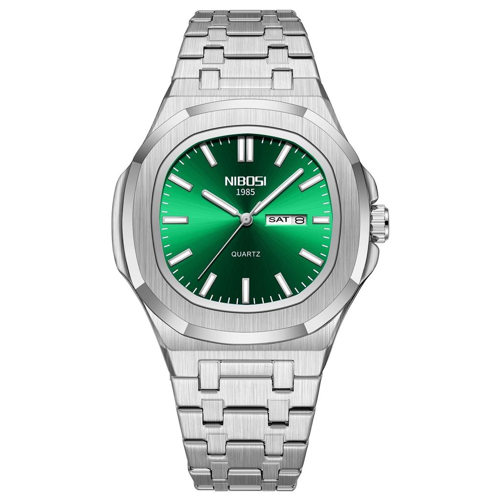Waterproof Mens Square Quartz Watch Luminous Day Date Display Steel Strap Classic Casual Daily Wristwatch