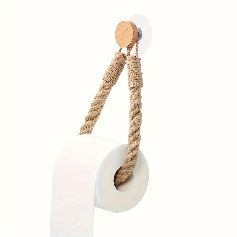 Rustic Hemp Rope Toilet Paper Holder - Self-Adhesive Wall Mount Bathroom Tissue Storage with Wooden Knob, Natural Braided