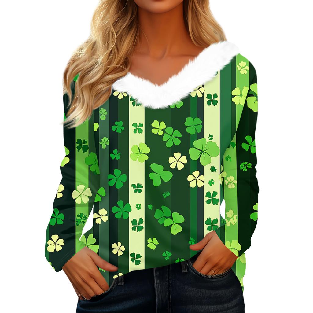 T-shirt à manches longues et col en V pour femme avec imprimé Saint Pao, décontracté et ample