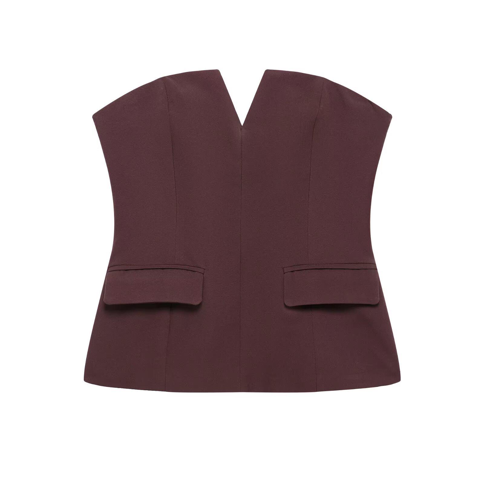 

Топ без бретелек и рукавов приталенного силуэта на весну 2025 года для женщин - однотонный, сексуальный и элегантный Small темно-коричневого