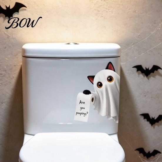 Lifelike Toilet Wall Art Halloween Bathroom Sticker, Cute Ghost Witch Cat Decal, Spooky Decorations Skeleton Are You Pooping Sticker for Decor Cartoon