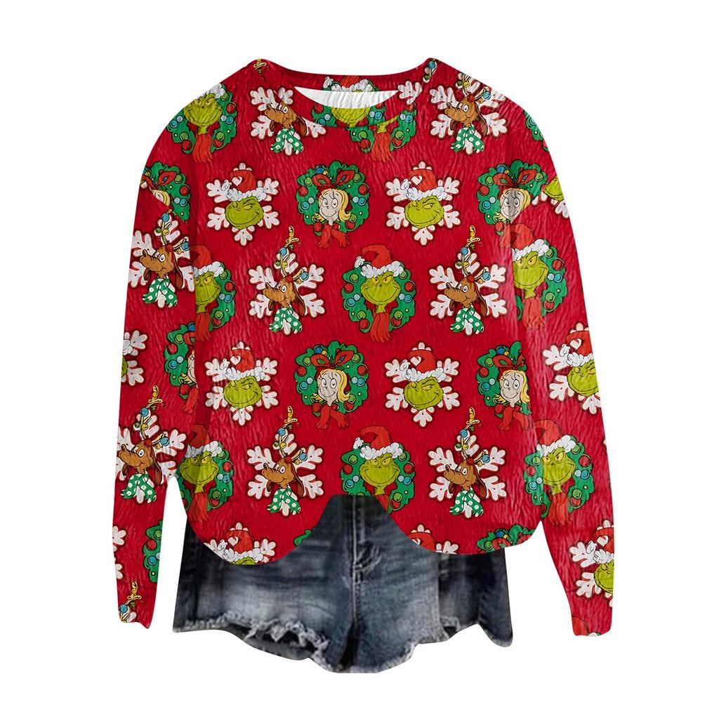 Women's Fashion Round Neck Pullover Top Long Sleeve Tee Christmas Printed Sweatshirt