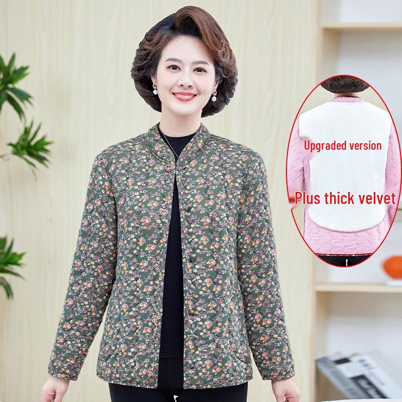 Mom's Floral Plush Winter Jacket - Thickened Cotton, Lightweight for Mid-Aged & Elderly