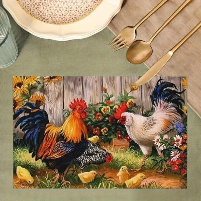 4er-Pack Handwaschbare Polyester-Tischsets | Gewebte Bauernhofstil-Tischsets mit Hahn & Henne Design | 18x12 Zoll Rechteckige Tischsets mit Blumenmuster