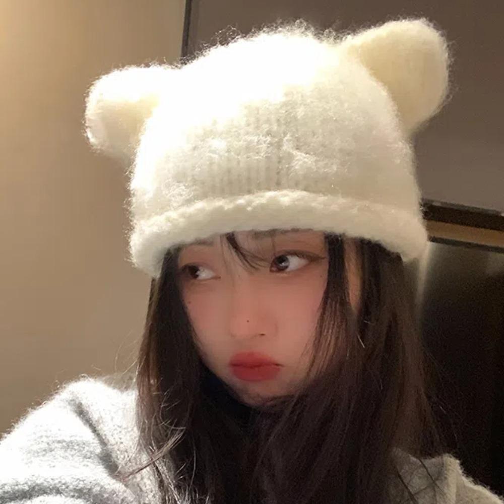 Fluffy Bear Ear Woolen Hat Soft Brimless Beanie Cap Fashion Knitted Pullover Hat  Winter