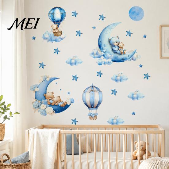 Haze Blue Schlafzimmer Dekoration 2 Stück Sternenhimmel Bär Wandaufkleber, Cartoon Mond Heißluftballon Aufkleber, Baby Kinderzimmer Aufkleber Abziehen und Aufkleben Kunstdekorationen für Kinder