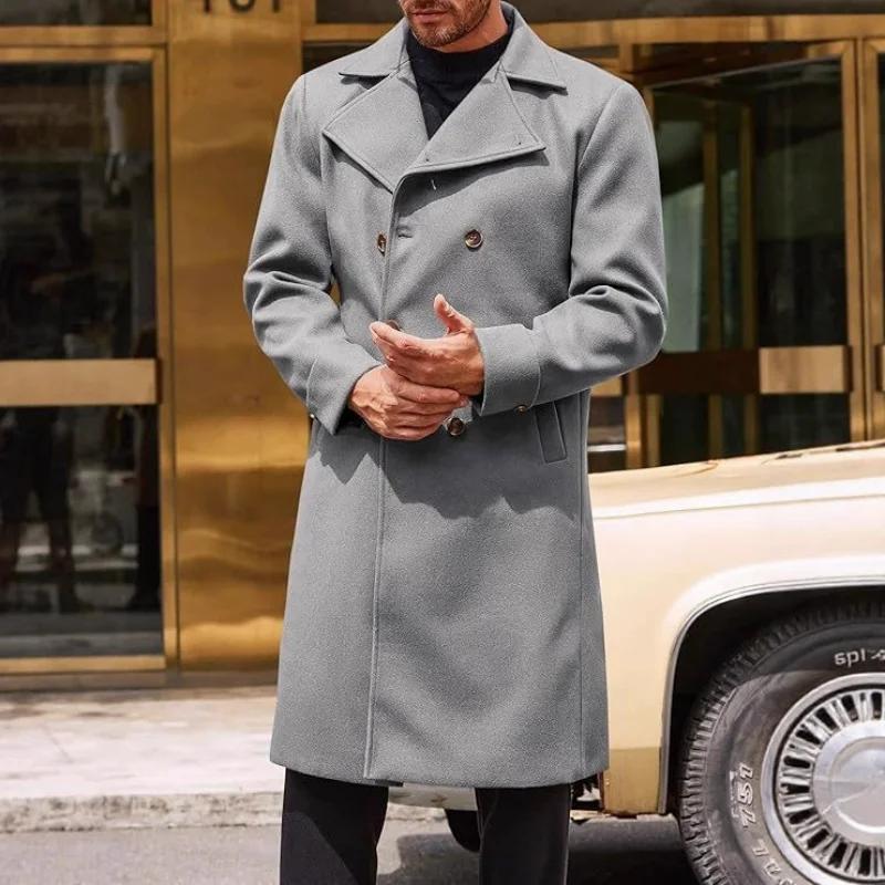 Men's Woolen Coat Long Lapel Double-Breasted Trench Men Winter Coat Casual Fashion Comfortable Windbreak