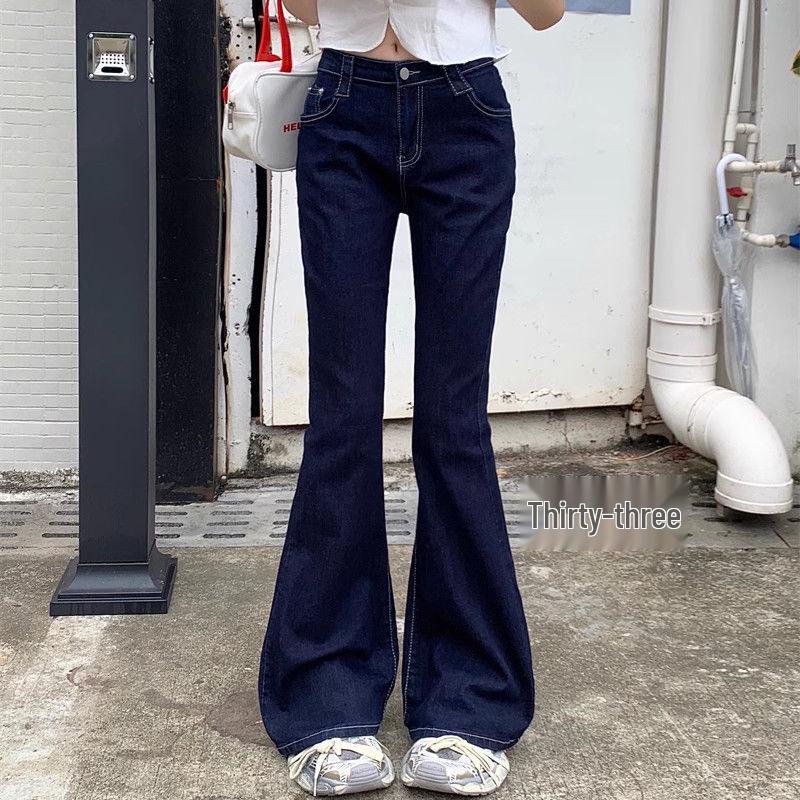 

Женские джинсы клеш с высокой посадкой, темно-синие, маленького размера - Ретро-стирка, стрейч, стройнящие, длинные прямые штанины, тренд L темно-синий