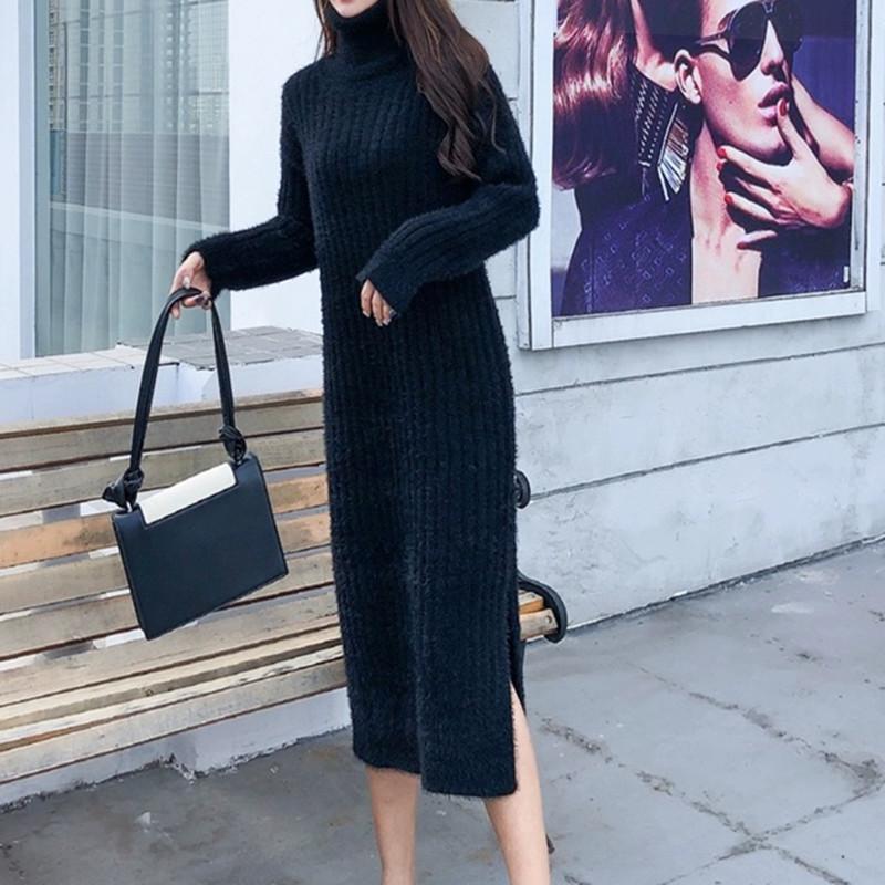 Autumn and winter new imitation mink turtleneck pullover fashion temperament knitted bottoming skirt long split dress women