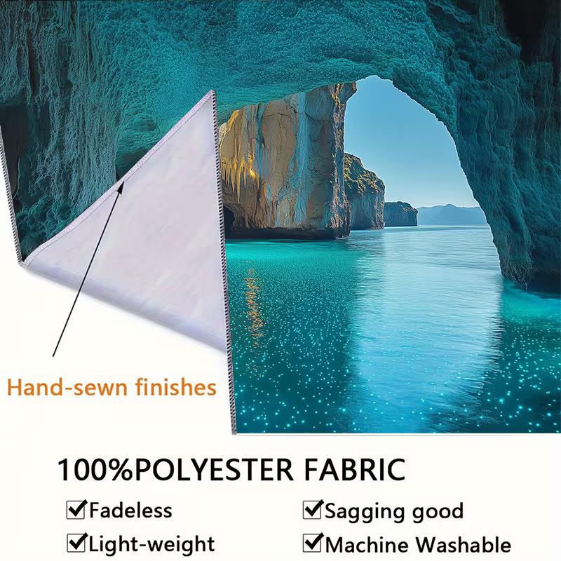2D Glowing Ocean Cave Tapestry, Turquoise Water Rock Arch Background Cloth for Bedroom