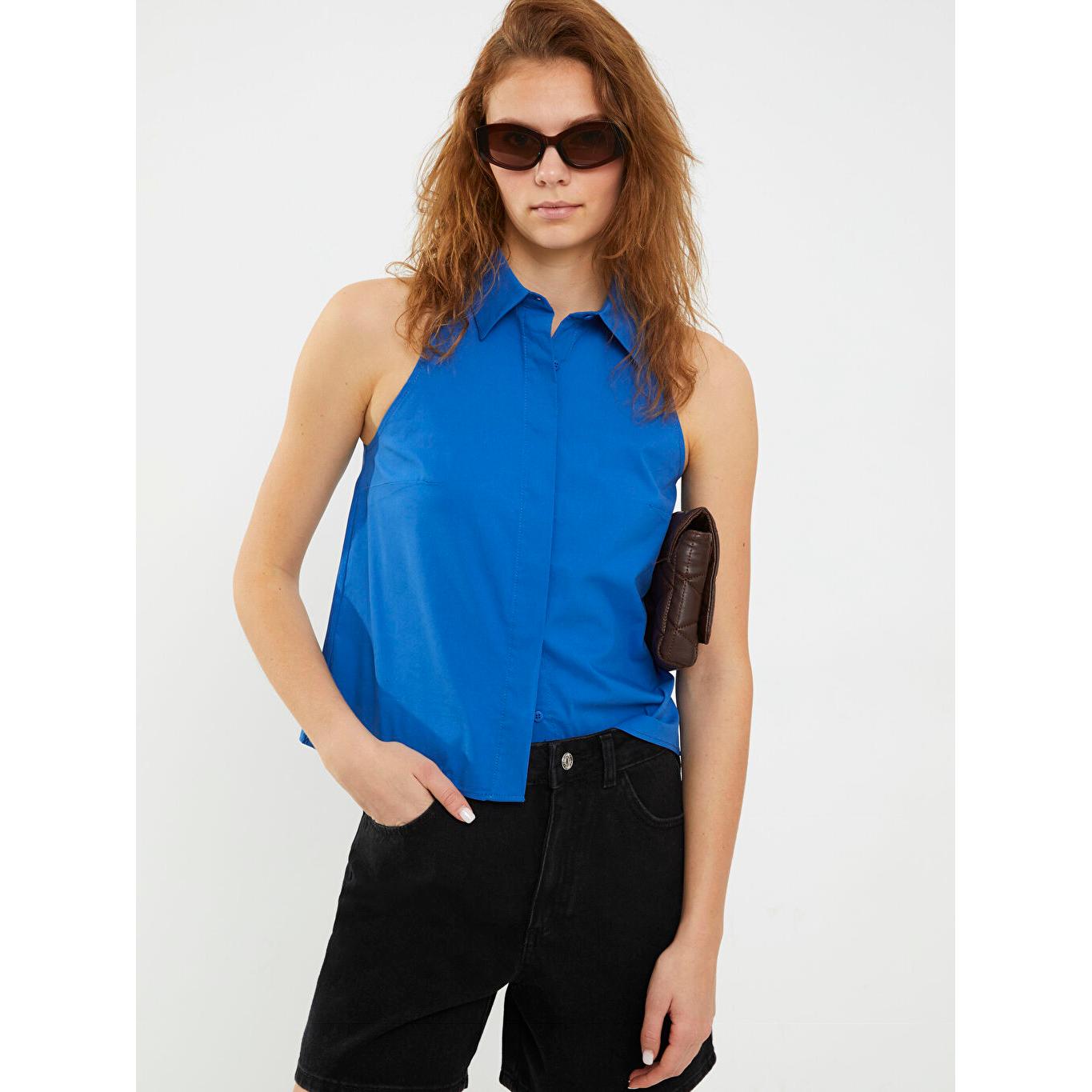 

LCW CASUAL Женская рубашка из поплина без рукавов с застежкой спереди, синяя