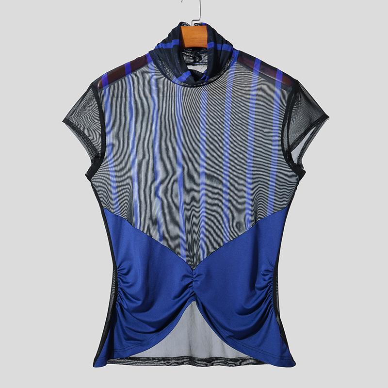 INCERUN Men High Neck Striped Mesh Sheer Stitching Irregular Party Club T-shirts Tops