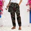 Women Plus Size Black Floral Printed Loose Fit Long Pants With Pockets