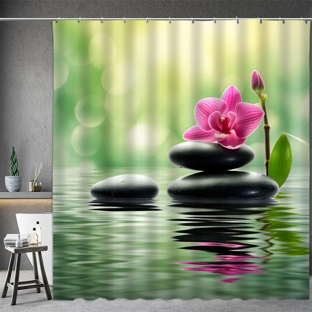 Black Stone Tower Zen Shower Curtain, Spa Decor Lotus Purple Orchid Flower and Bamboo, Cloth Fabric Bathroom Decor Accessory Set