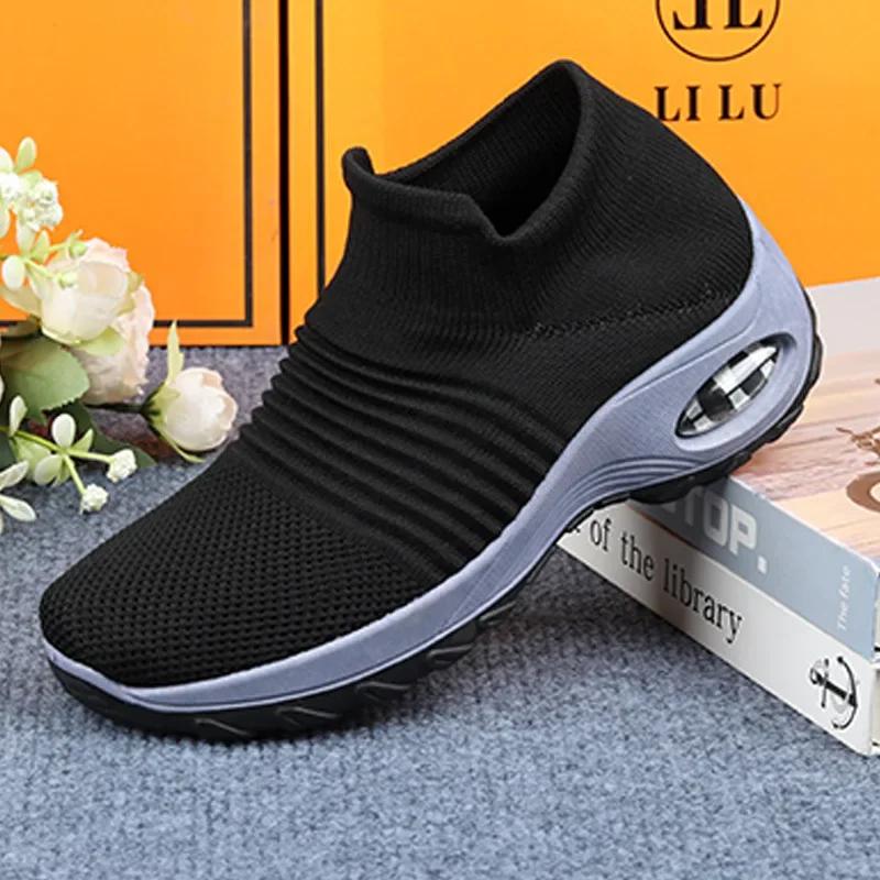 Women'S Platform Shoes Knitted Mesh Breathable Anti Slip Walking Shoes Comfortable Sliding Sleeves Height Increasing Mother Shoe