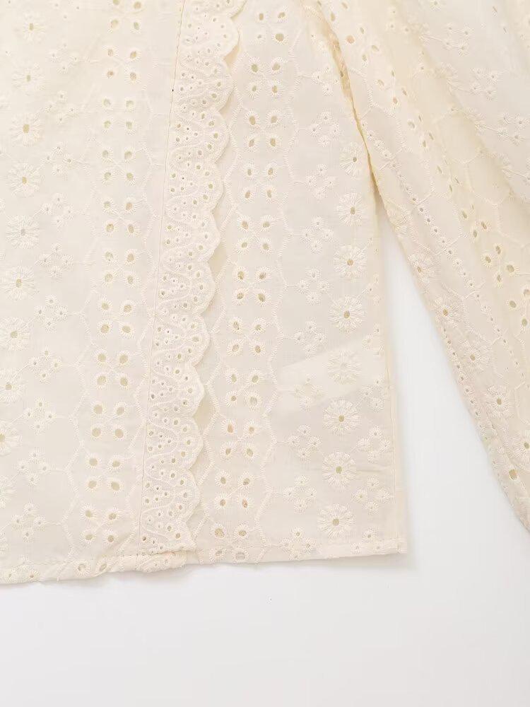 Summer Women's Fashion: European & American Long-Sleeved Embroidered Hollow Top