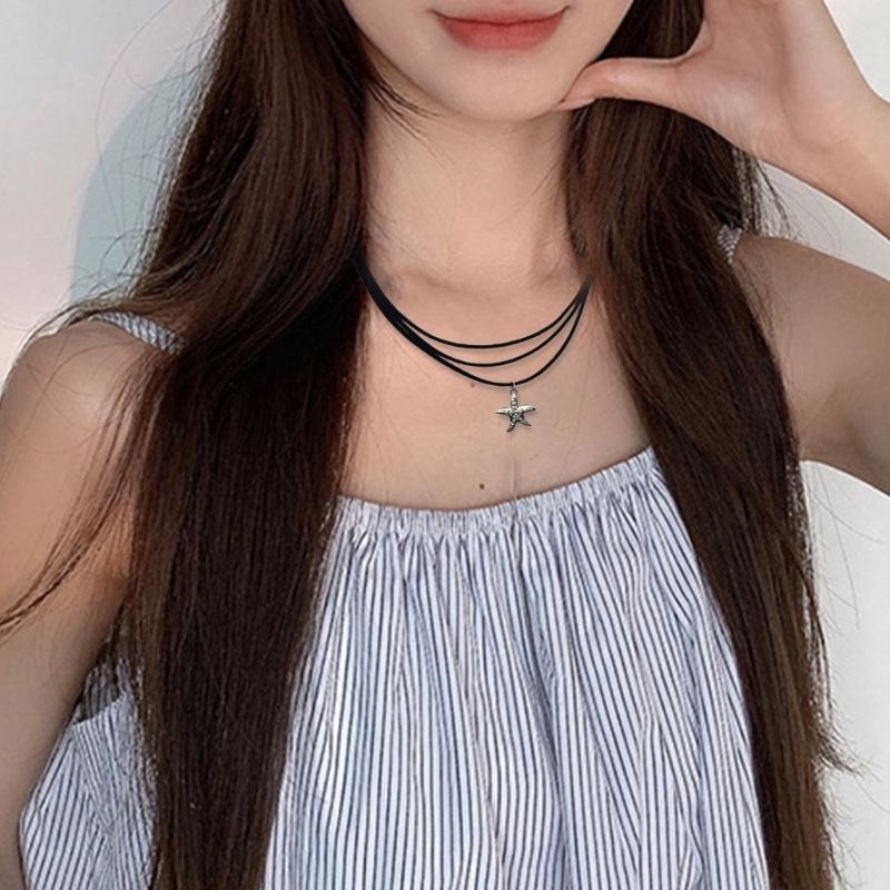 Bohemia Starfish Pendant Choker Black Rope Chain Y2K Star Charm Necklace Long Adjustable Chain Unique Holiday Gift