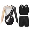 Girls Dance Performance Set Mesh Long Sleeve Leotard Keyhole Back Contrast Color Metallic Vest Shorts