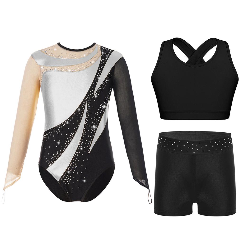 Girls Dance Performance Set Mesh Long Sleeve Leotard Keyhole Back Contrast Color Metallic Vest Shorts