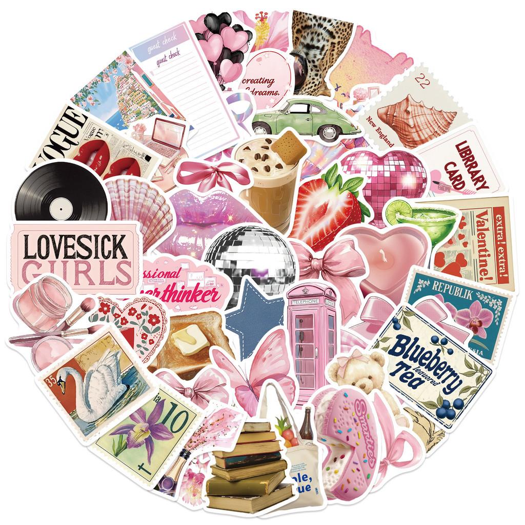 50-Piece Cartoon Pink Aesthetic Series Stickers - Waterproof PVC Decorative Decals for Trash Journal Scrap Decoration, DIY