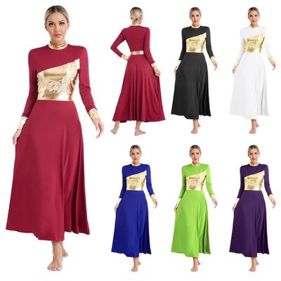 Vestido de baile lírico de adoración litúrgica para mujer, vestido de manga larga con apliques de bloque de Color brillante metálico, Ropa de baile para coro de Iglesia