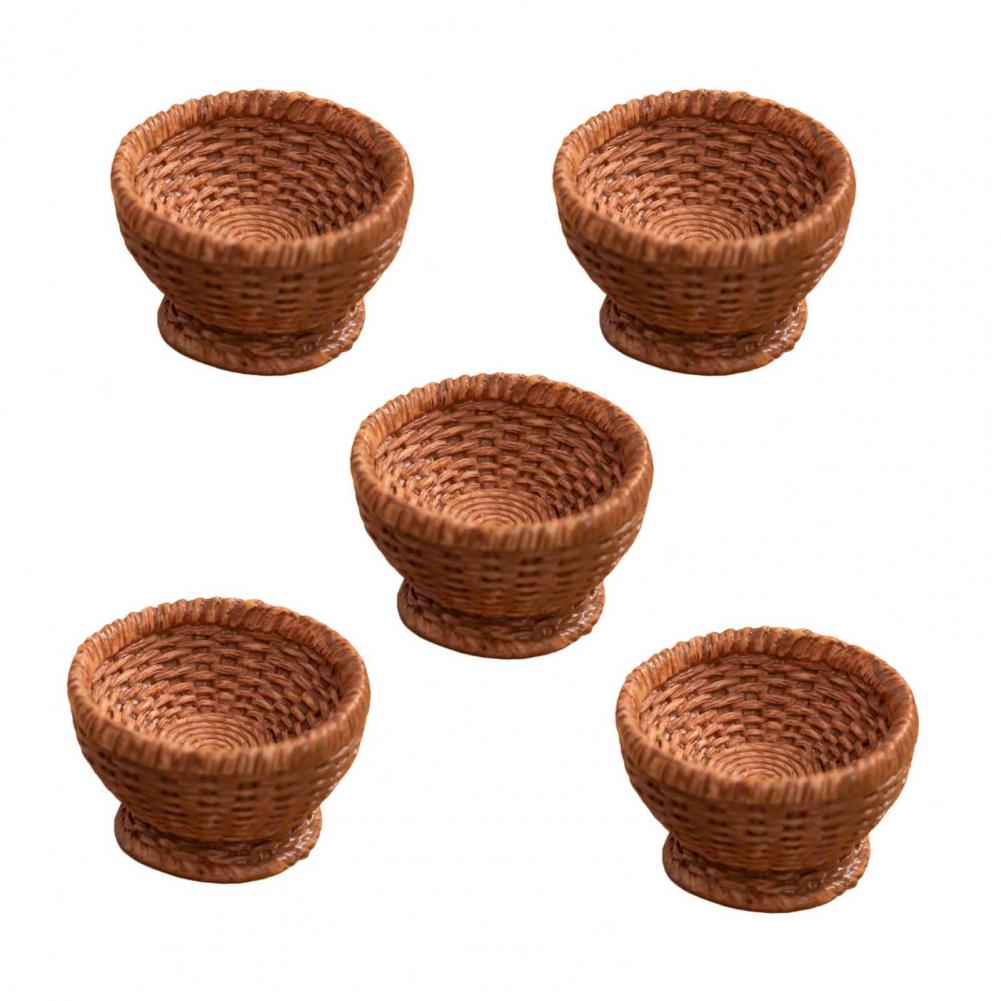 Miniature Decorative Basket Resin Mini Basket 5 Pcs Fairy Garden Micro Mini Resin Rattan Baskets Dollhouse Woven Basket Decor