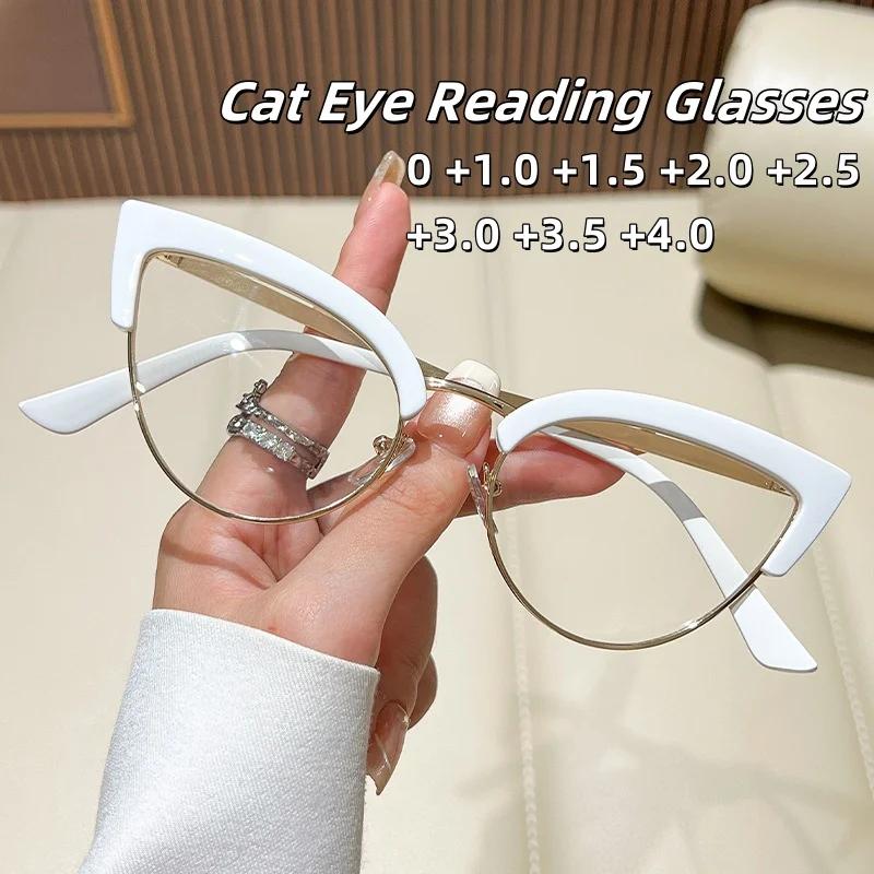 Fashion Metal Cat Eye Reading Glasses Women Anti Blue Light HD Goggles Optical Prescription Eyeglasses 0 TO +4.0