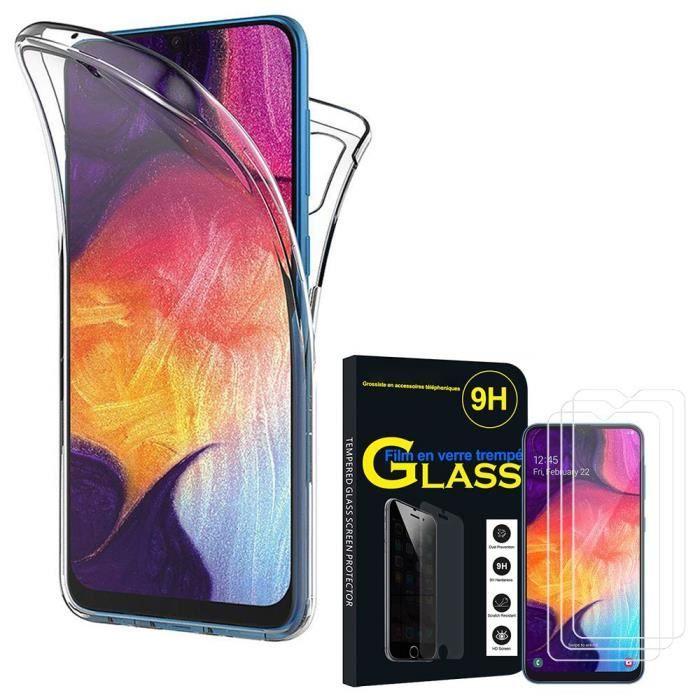 Coque Silicone 360° - TRANSPARENT - Samsung Galaxy A50 SM-A505F - Protection intégrale - 3x Verre Trempé